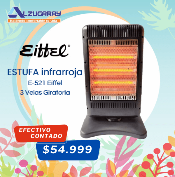 Estufa 3 Velas Eiffel 600w 1200w Cuarzo Infrarroja Giratoria Color Negro (3507)